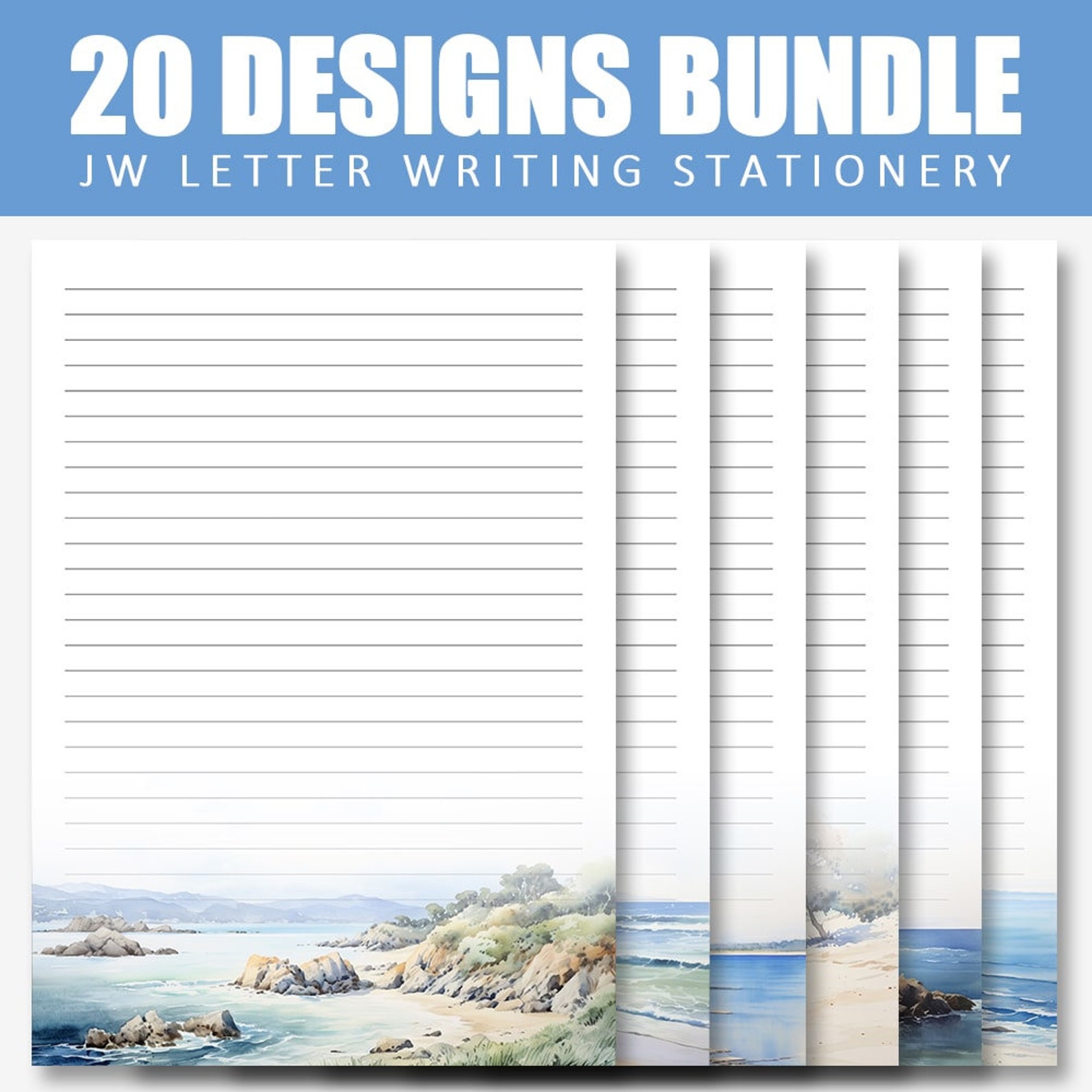 20 Letter Writing Stationery Watercolor Beach Designs Digital Download ...