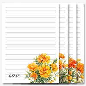 JW Letter Writing Stationery / Carta per scrivere lettere / JW stampabile / Fiori di bouquet di calendula
