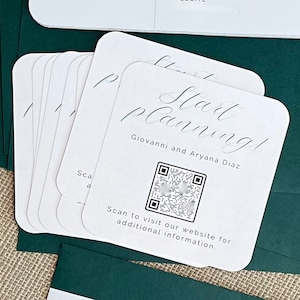 May include: A white card with rounded corners and black text that reads "Start planning!" followed by "Giovanni and Aryana Diaz". A black and white QR code is below the text with the caption "Scan to visit our website for additional information."