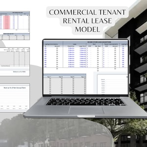 May include: A laptop computer displaying a spreadsheet with the title "Commercial Tenant Rental Lease Model". The spreadsheet contains columns for leasing commissions, downtime, lease term, rent, tenant improvements, and leasing costs. The laptop is in front of a modern black building with the word "COFFEE SHOP" on the bottom floor.