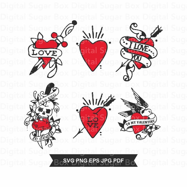 Tattoo Hearts Digital Download Clip Art Set, Valentine Hearts Printable Digital Art, Lovers Heart Art, Valentine Lovers Gift Idea