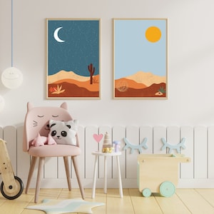 Digital Desert Night & Day Landscape | Sun, Moon, Armadillo, Tarantula | Cute Minimal Southwest Wall Art | Nursery Art | Kids Wall Decor