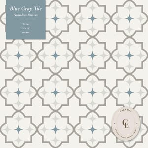 May include: A seamless pattern of blue grey tiles featuring a repeating quatrefoil motif with grey outlines on a cream background. Text in the corner reads Blue Grey Tile, Seamless Pattern, 1 Design, 12" x 12", 300 DPI. A circular logo reads GALA DAY CL.
