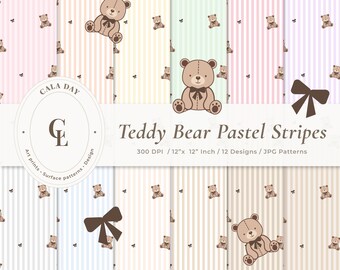 Zestaw wzorów na misia, papier cyfrowy, wzory bezszwowe, papier do pokoju dziecięcego, baby shower, cyfrowe scrapbooking, pobieranie cyfrowe