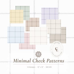 Könnte beinhalten: Eine Sammlung von 12 quadratischen digitalen Karomustern in Pastellfarben wie Gelb, Grün, Blau, Rosa, Lavendel und Beige. Jedes Muster zeigt ein Gitterdesign mit Linien im Nähstil. Der Text lautet 12 Minimal Check Patterns 12 x 12 300 DPI.