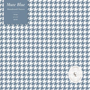 May include: A digital graphic file featuring a repeating mute blue and white houndstooth pattern. The image includes a text box labeled Mute Blue Houndstooth Pattern, 1 Design, 12" x 12", 300 DPI, and a circular logo with the letters CL.