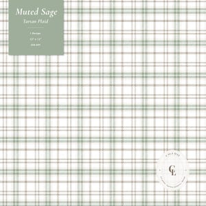 Könnte beinhalten: Ein digitales Muster mit einem Muted Sage Tartan Plaid Design auf weißem Hintergrund. Der Text lautet Muted Sage, Tartan Plaid, 1 Design, 12" x 12", 300 DPI. Ein kreisförmiges Logo in der Ecke enthält die Buchstaben CL und den Text Cala Day.