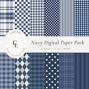 Navy plaid gingham and stripe seamless pattern digital paper pack – scrapbook papers, 12x12, 300 DPI, instant download (no AI)