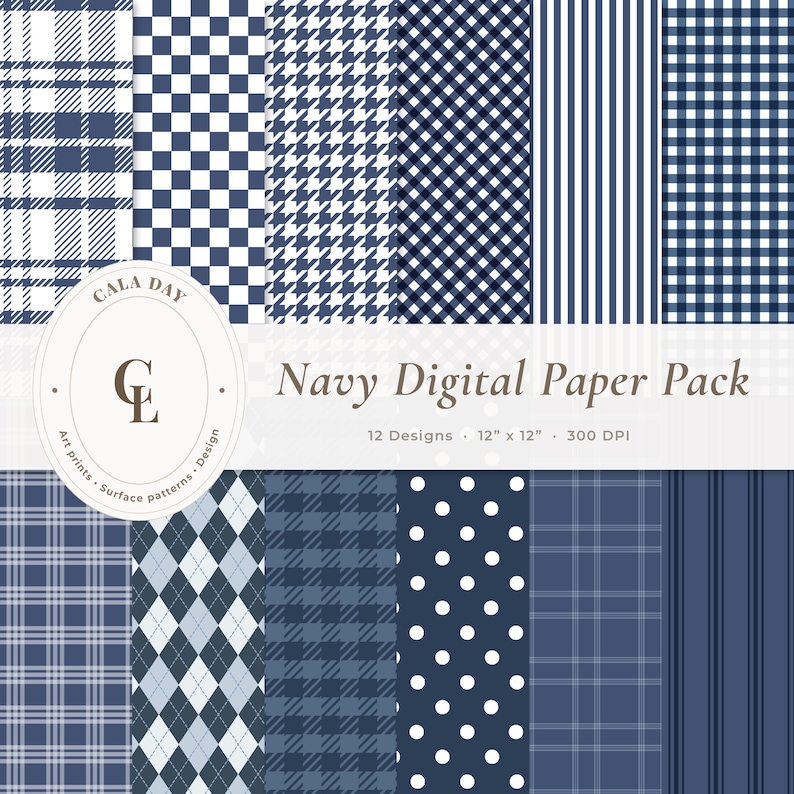 Navy Plaid, Gingham & Stripe Digital Paper Pack – 12x12 Seamless ...