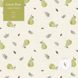 Puede incluir: Un patrón continuo con peras verdes en acuarela, pequeñas hojas de color marrón oscuro y finas ramas grises sobre un fondo crema. Un cuadrado verde muestra el texto Green Pear Seamless Pattern 1 Design 12 x 12 300 DPI.
