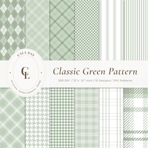 Digitalt papperspaket i dammgrönt – 12x12 sömlösa rutiga och randiga scrapbookpapper, 300 DPI, direktnedladdning (ingen AI)