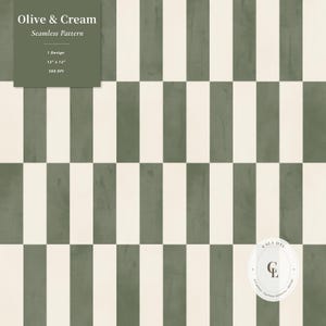 Puede incluir: Un patrón sin costuras con rayas verticales alternas en verde oliva y crema. El texto en la esquina superior izquierda dice Olive & Cream, Seamless Pattern, 1 Design, 30,48 cm x 30,48 cm, 300 DPI. Un pequeño logotipo ovalado en la parte inferior derecha dice CALA DAY.