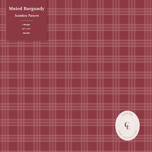 Könnte beinhalten: Ein nahtloses Muster in gedämpftem Burgunderrot mit einem Gitter aus sich kreuzenden vertikalen und horizontalen Linien. Ein Textfeld oben links zeigt Muted Burgundy Seamless Pattern 1 Design 12 x 12 300 DPI. Unten rechts ist ein Logo.