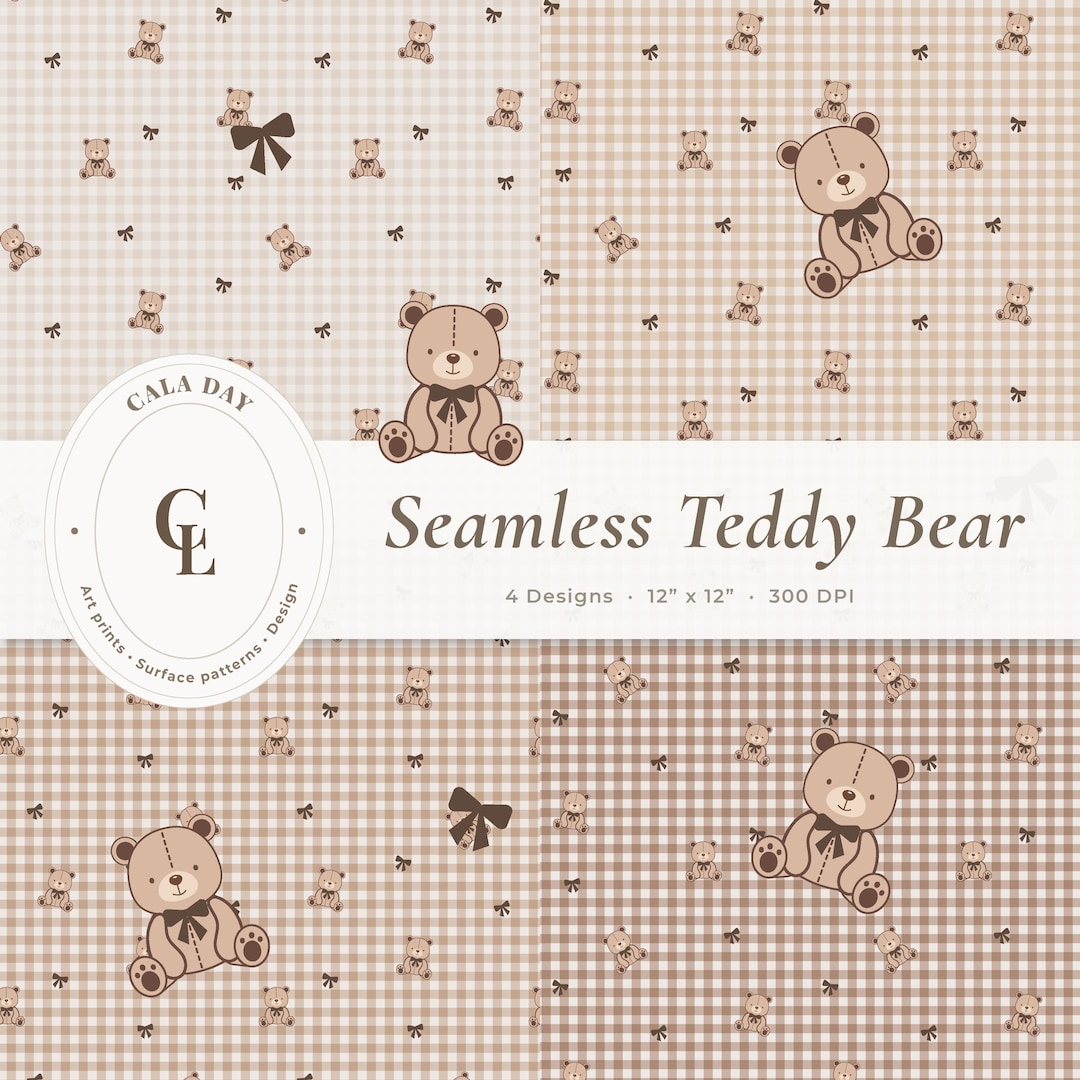 Teddy Bear Gingham Seamless Pattern Digital Paper – Neutral Baby ...