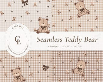 Neutral Nursery Digital Paper, Seamless Pattern, Seamless Nursery, Scrapbook Paper, Teddy Bear Gingham Pattern, Baby Shower, Printable Paper