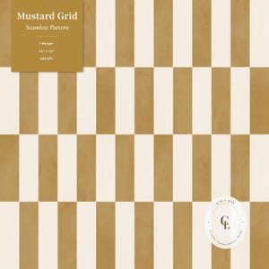 May include: A seamless pattern featuring alternating vertical mustard yellow and off-white rectangular blocks. A text box in the top left corner reads Mustard Grid Seamless Pattern 1 Design 30.48 cm x 30.48 cm 300 DPI. A logo in the bottom right reads CALA DAY CL.