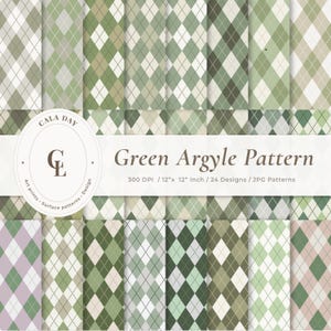 Olive Sage Argyle Seamless Pattern Digital Paper Pack – 24 Diamond Scrapbook Papers, 12x12, 300 DPI, Instant Download