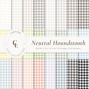 May include: A collection of 24 digital houndstooth patterns in various neutral and pastel colors. The image features a central white oval label with the text CALA DAY GL Art prints Surface patterns Design and Neutral Houndstooth 300 DPI 12x12 Inch.