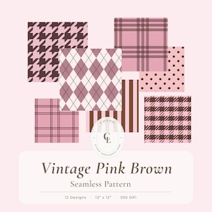 Vintage Pink Brown Digital Paper Pack – 12x12 Seamless Scrapbook Paper, 12 Retro Patterns, 300 DPI, Instant Download (No AI)