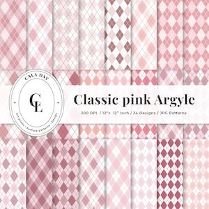 Classic Pink Argyle Digital Paper Pack - 24 JPG Files - 12x12 inches - 300 DPI - Seamless Diamond Check Patterns - Instant Download