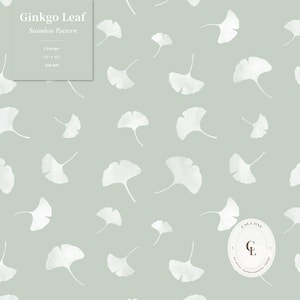 May include: A seamless pattern featuring white ginkgo leaves on a sage green background. A text box in the top left corner reads Ginkgo Leaf, Seamless Pattern, 1 Design, 12" x 12", 300 DPI. A circular logo in the bottom right reads CALA DAY CL.