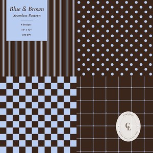 Könnte beinhalten: Eine digitale Sammlung von vier nahtlosen Mustern in Braun und Hellblau. Die Designs umfassen vertikale Streifen, Punkte, ein Schachbrettmuster und ein feines Karomuster. Der Text lautet: Blue & Brown, Seamless Pattern, 4 Designs, 30,48 cm x 30,48 cm, 300 DPI.