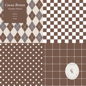May include: A collection of four seamless digital patterns in cocoa brown and white. The designs include an argyle pattern, a checkerboard grid, white polka dots on a brown background, and a brown plaid grid with a circular logo reading CALA DAY.