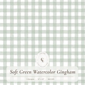 May include: A digital pattern featuring a soft green watercolor gingham check design. The image includes a central oval logo with the text CALA DAY CL and a rectangular label at the bottom with the text Soft Green Watercolor Gingham 1 Designs 12" x 12" 300 DPI.