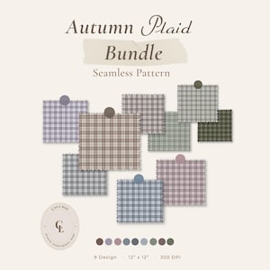 以下が含まれることがあります： Autumn Plaid Bundle Seamless Patternは、茶色、緑、青、藤色の落ち着いた色調の様々なチェック柄の9つの正方形の見本です。各見本は30.48cm x 30.48cm、300 DPIです。Cala Dayのロゴが含まれています。