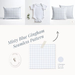 May include: A collection featuring a misty blue gingham seamless pattern applied to a rectangular pillow, a baby bodysuit, and two square pillows. The image includes text reading Misty Blue Gingham Seamless Pattern, 2 Designs, 12" x 12", 300 DPI.