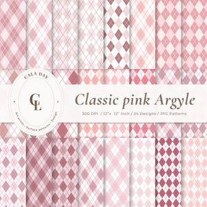 Digitalt papperspaket med rosa Argyle-motiv – 12x12 sömlösa diamantformade scrapbookpapper för hantverk och bakgrunder, 300 DPI, direktnedladdning (ingen AI)