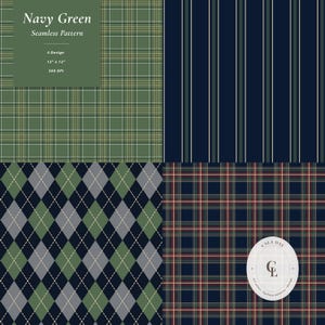 May include: A collection of four seamless patterns featuring navy blue and green color palettes. Designs include a green plaid, navy blue vertical stripes, a diamond argyle pattern in navy, green, and gray, and a navy plaid with thin red lines.