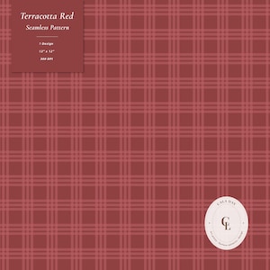 May include: A terracotta red seamless pattern featuring a grid of intersecting lines. The image includes text stating Terracotta Red, Seamless Pattern, 1 Design, 12" x 12", 300 DPI, and a circular logo with the letters CL for Cala Day.