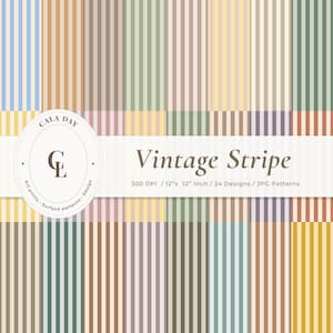 Peut inclure: Une collection numérique de 24 motifs à rayures verticales dans diverses couleurs atténuées. L'image présente une bannière horizontale blanche avec le texte CALA DAY, CL, Vintage Stripe, 300 DPI, 30,48 cm x 30,48 cm, 24 Designs, JPG Patterns.