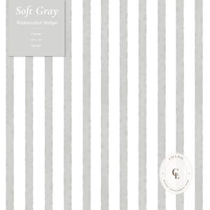May include: A digital pattern featuring vertical soft grey watercolour stripes on a white background. A grey box in the top left corner contains the text Soft Gray Watercolor Stripe, 1 Design, 12 x 12, 300 DPI. A logo with the letters CL is in the bottom right.