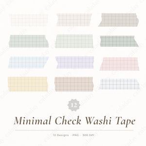 May include: Twelve strips of washi tape arranged in a grid, each featuring a different pastel-colored grid pattern. The text below reads 12 Minimal Check Washi Tape, 12 Designs, PNG, 300 DPI. The colors include white, gray, green, blue, purple, pink, and yellow.