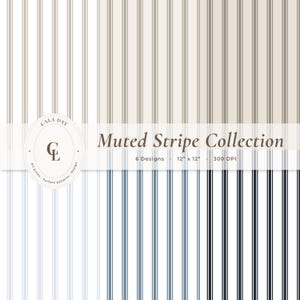 May include: A collection of six muted stripe designs in various color schemes. The patterns include vertical stripes in white, beige, and blue tones. The designs are 12" x 12" and are suitable for art prints and surface patterns.