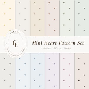 May include: A digital paper collection titled Mini Heart Pattern Set featuring 12 designs in 12" x 12" size at 300 DPI. The set displays vertical panels with various pastel backgrounds, each decorated with a repeating pattern of small, simple hearts.
