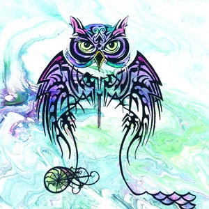 May include: Tarot card illustration of the High Priestess, featuring a purple and green owl with black wings and a swirling background. The card number, 13, is in a circle in the top right corner. The card title, "High Priestess", is in black text at the top of the card. The card also features symbols at the bottom, including a crescent moon, a bee, an eye, a flower, a triangle, a circle with a cross, and a symbol that looks like a cross with a circle on top.
