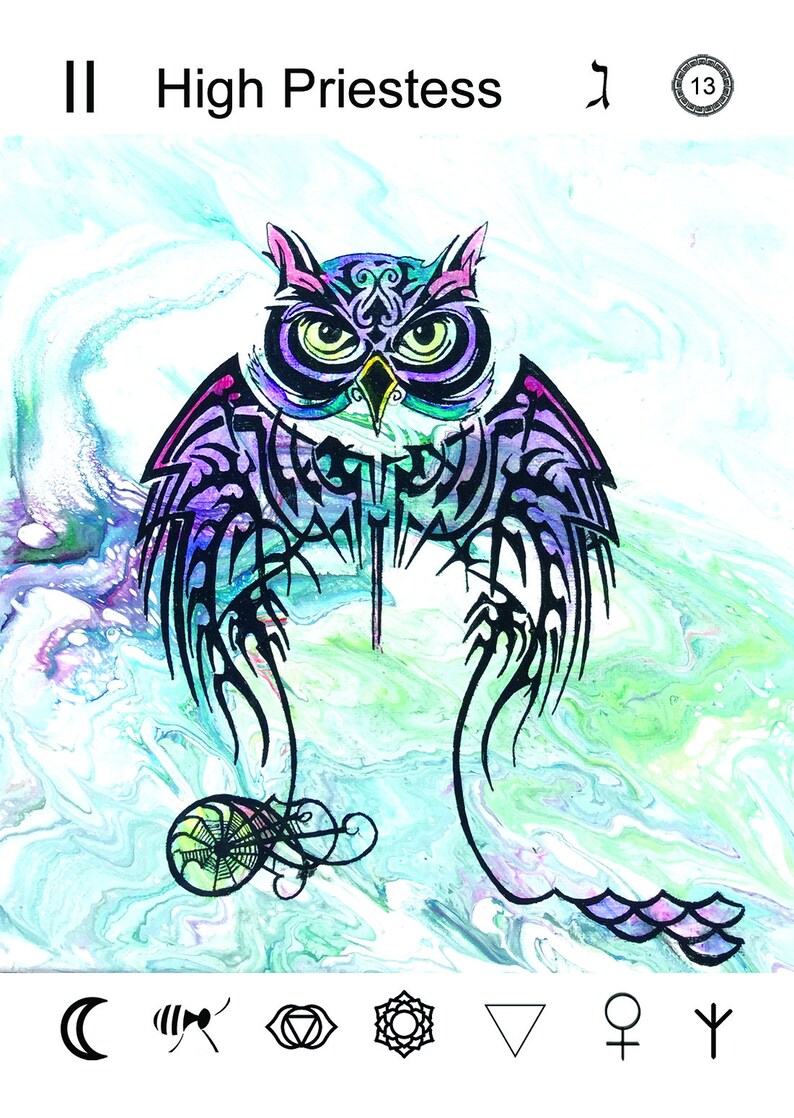 May include: Tarot card illustration of the High Priestess, featuring a purple and green owl with black wings and a swirling background. The card number, 13, is in a circle in the top right corner. The card title, "High Priestess", is in black text at the top of the card. The card also features symbols at the bottom, including a crescent moon, a bee, an eye, a flower, a triangle, a circle with a cross, and a symbol that looks like a cross with a circle on top.