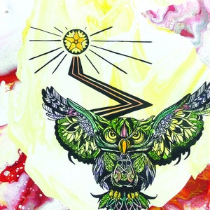 May include: Tarot card depicting the Star card, number XVII. The card features a stylized owl with green and purple wings, a yellow star above, and a path leading to the star. The card is set against a yellow and pink background.