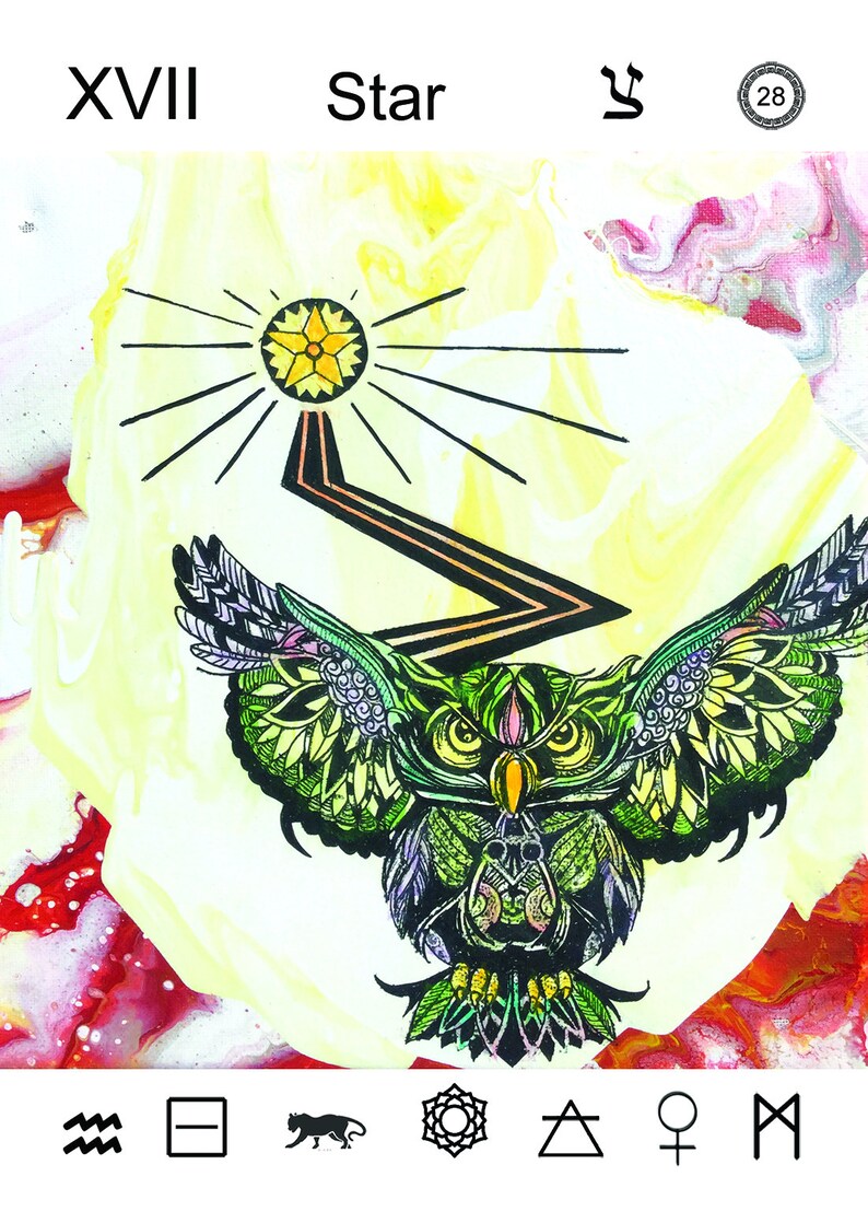 May include: Tarot card depicting the Star card, number XVII. The card features a stylized owl with green and purple wings, a yellow star above, and a path leading to the star. The card is set against a yellow and pink background.