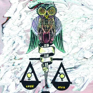 May include: Justice tarot card with an owl perched on a scale with a sword. The card is on a pink and white marbled background. The card number XI and the word Justice are at the top of the card. The card also has symbols for Libra, the element of Air, the animal of the dog, the third eye, the element of Fire, the symbol for Venus, and the rune of the World.