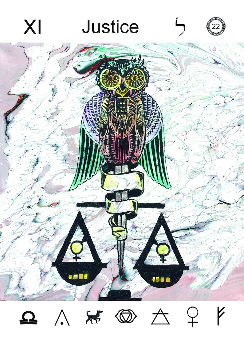 May include: Justice tarot card with an owl perched on a scale with a sword. The card is on a pink and white marbled background. The card number XI and the word Justice are at the top of the card. The card also has symbols for Libra, the element of Air, the animal of the dog, the third eye, the element of Fire, the symbol for Venus, and the rune of the World.