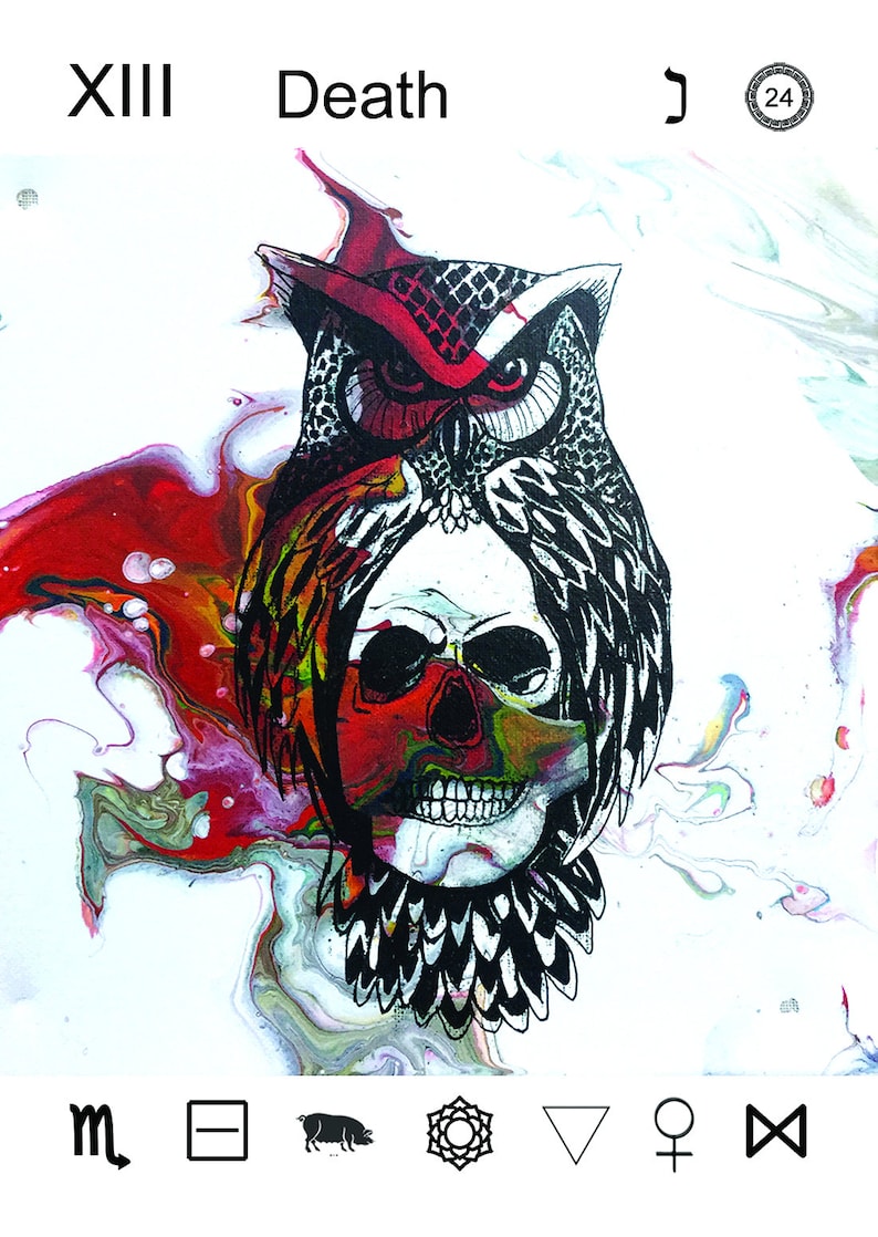 May include: Tarot card depicting Death, the 13th card in the Major Arcana. The card features a black and white illustration of an owl with a skull in its beak, set against a colorful abstract background. The card number, XIII, and the word "Death" are printed in black at the top of the card.