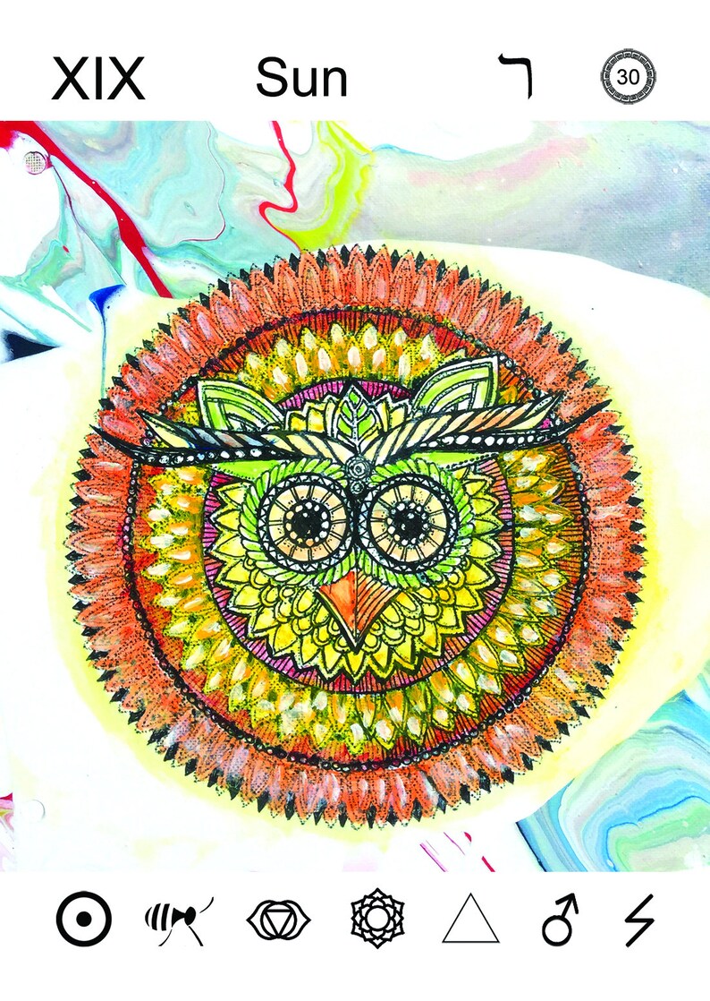 May include: A colorful mandala with an owl in the center. The mandala is surrounded by a ring of orange petals. The owl has green feathers and large black eyes. The text "XIX Sun" is at the top of the image.