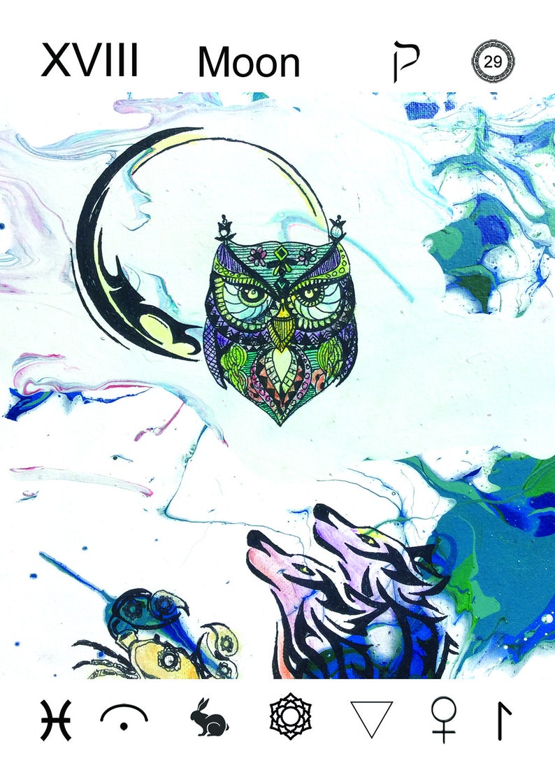 May include: Tarot card depicting the Moon card, XVIII, with a crescent moon, an owl, and two wolves howling at the moon. The card is on a white background with blue and green marbling. The card also includes the astrological symbol for Pisces, a black dot, a rabbit, a mandala, a triangle, the symbol for Venus, and a rune.