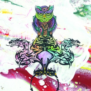 May include: A colorful tarot card with the number VII and the word "Chariot" printed at the top. The card features a colorful owl with a black and white tribal design of two dragons. The card also includes the symbol "&Pi;" and the number "18" in a circle.