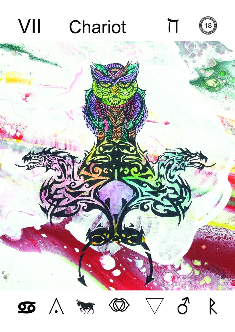 May include: A colorful tarot card with the number VII and the word "Chariot" printed at the top. The card features a colorful owl with a black and white tribal design of two dragons. The card also includes the symbol "&Pi;" and the number "18" in a circle.