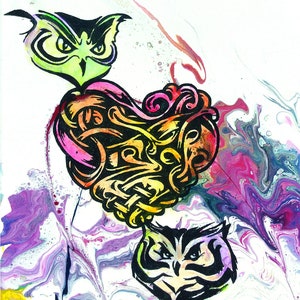 May include: Tarot card depicting the Lovers card, VI, with a colorful abstract background. The card features two owls with a heart-shaped design in the center. The card number, 17, is in a circle in the top right corner.